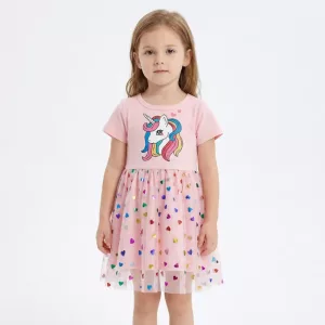 Niedliches Kurzarm Einhorn-Baumwollkleid für Kinder